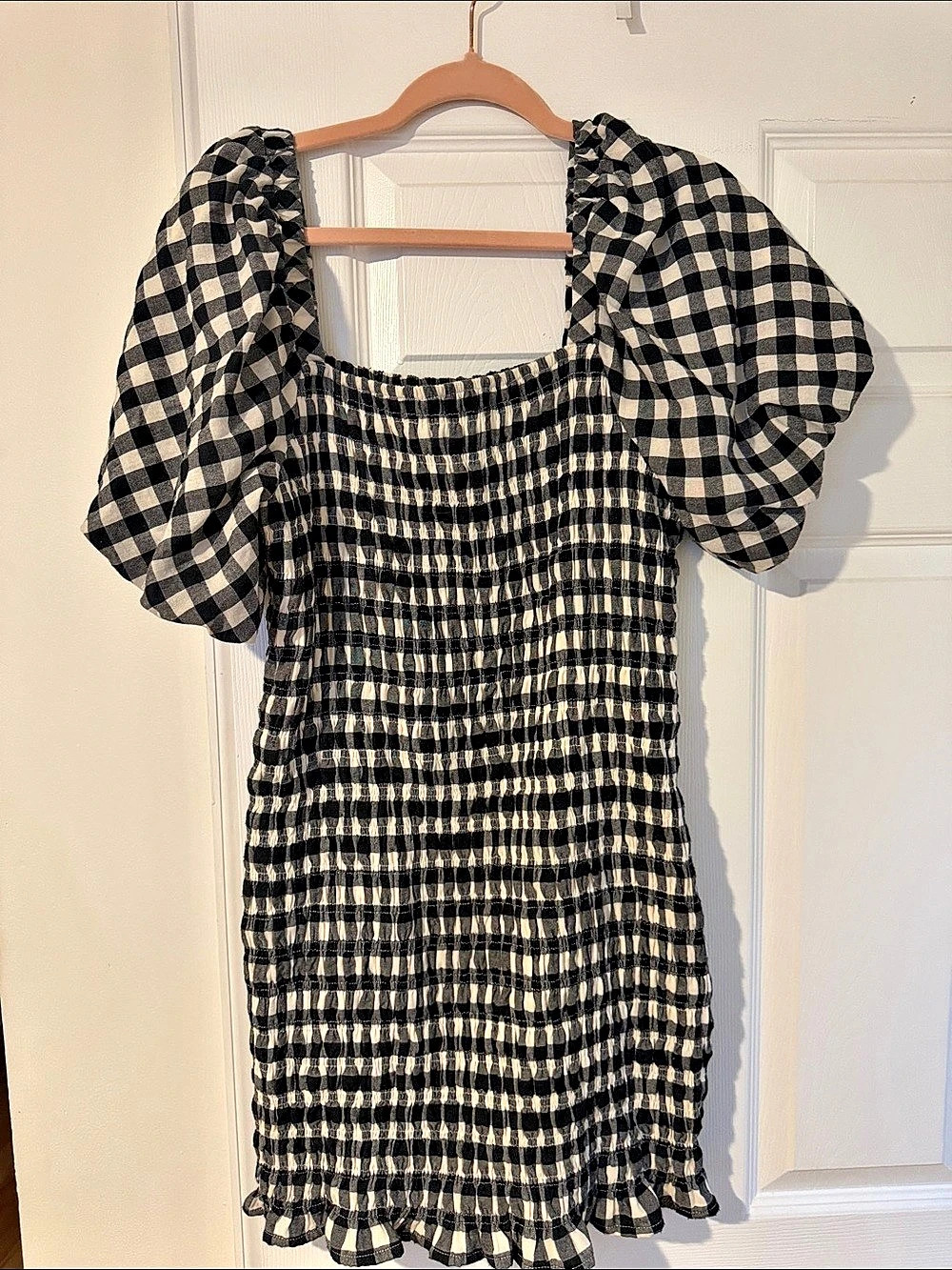Endless Rose Gingham Puff Sleeve Mini Dress in Black & White
